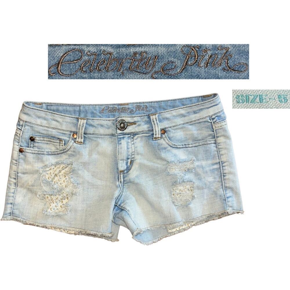 Celebrity Pink Low Rise Jean Shorts Light Wash Denim Distressed Size 5 Trendy
